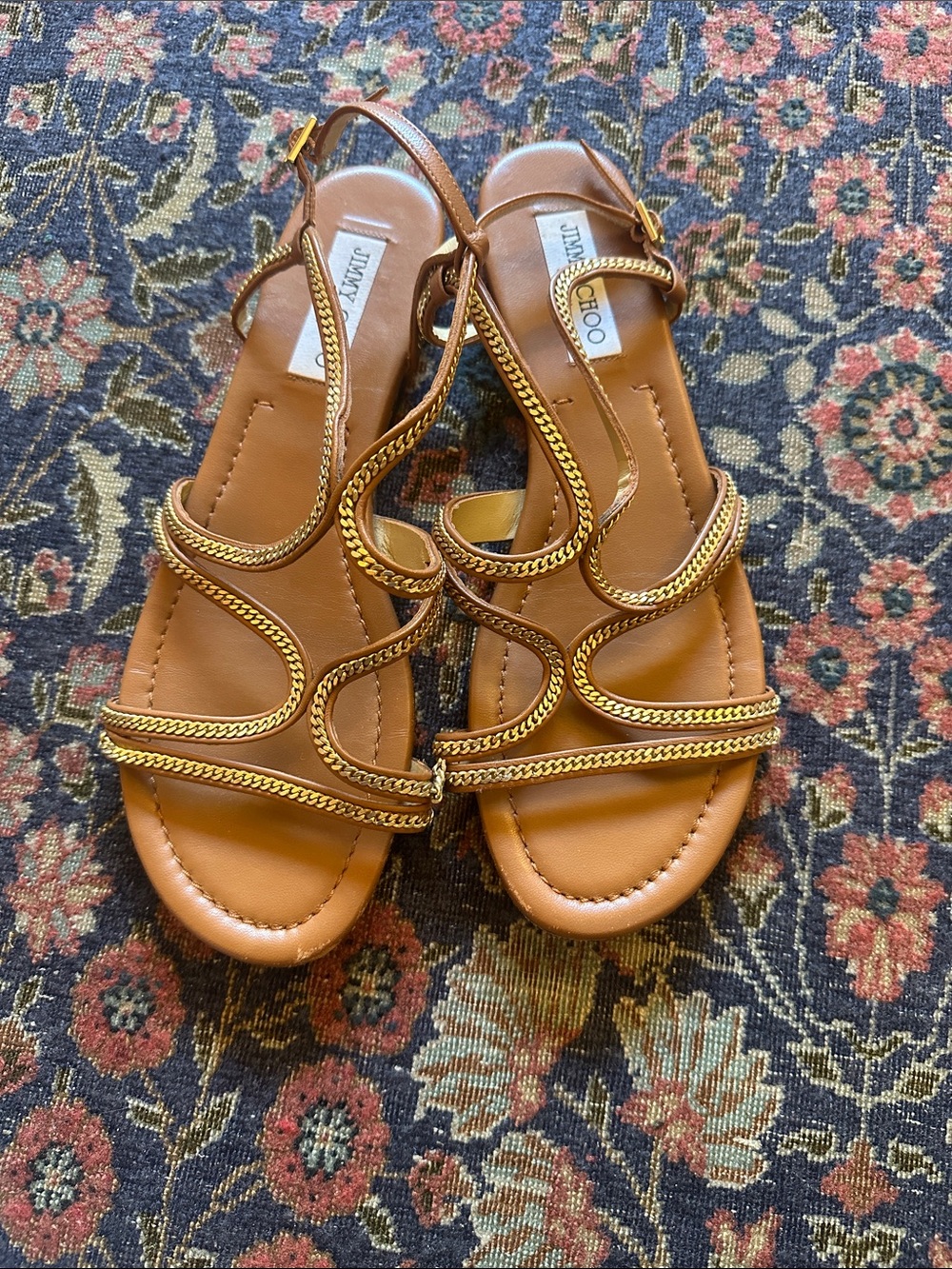 Jimmy Choo Tan Leather Sandals with Gold Chain Trim